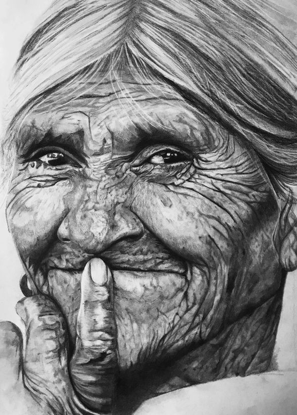 woman's wrinkles with finger on her mouth