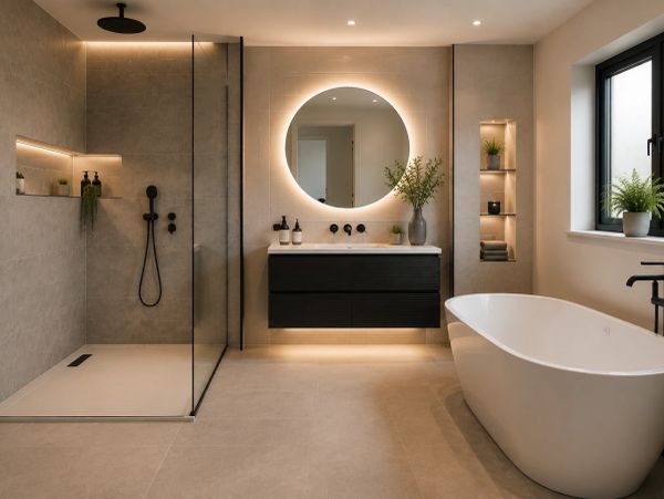 Luxury bathroom featuring a walk-in shower, freestanding bath, floating vanity unit and premium fitt