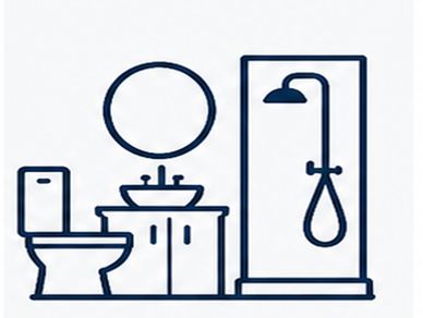 Line drawing of a bathroom with toilet, sink, mirror, and shower.