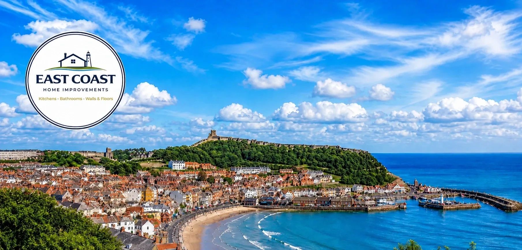 East Coast Home Improvements logo overlooking Scarborough seafront, harbour and castle.