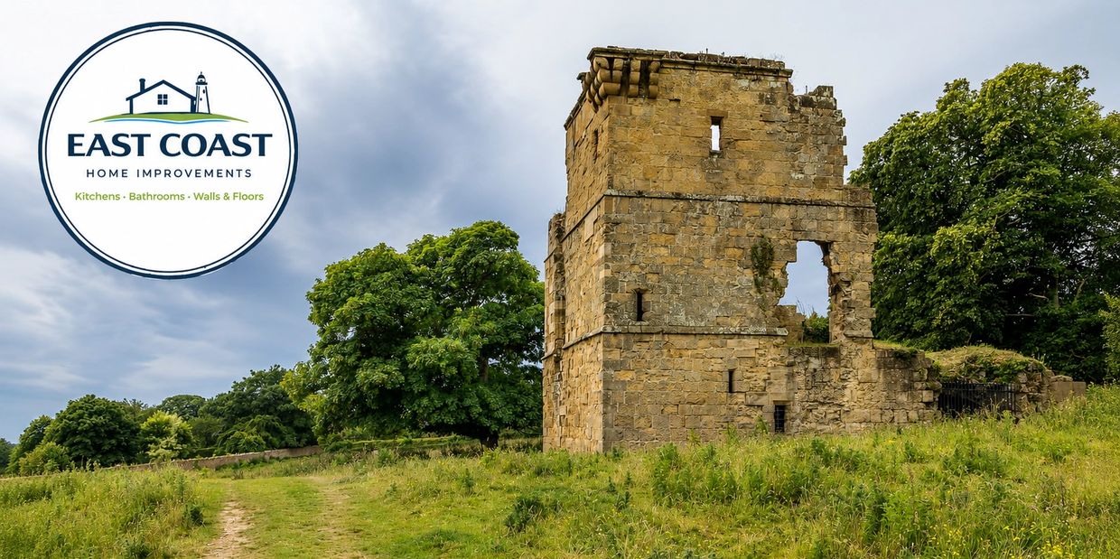 Ancient stone building ruins in a green field under a cloudy sky.