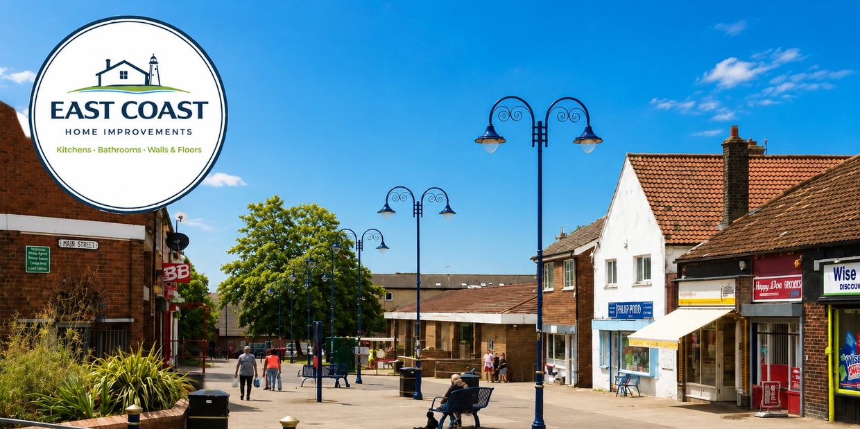 Sunny day at a quiet town street with shops and benches.