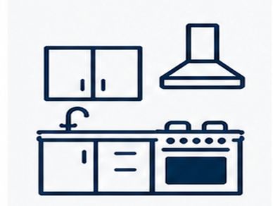 Simple kitchen line drawing with cabinets, stove, and sink.