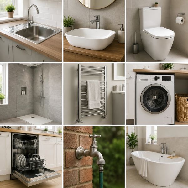 Collage of a kitchen sink, bathroom basin, toilet, shower, radiator, washing machine, dishwasher.