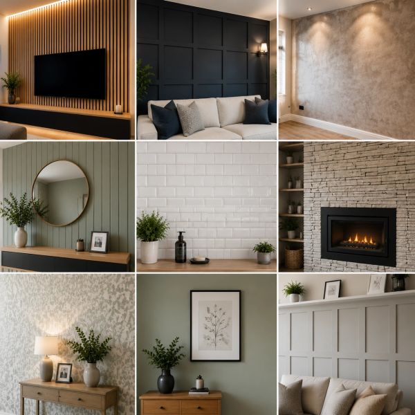 Collage of cozy, modern interior wall designs with plants and decor.