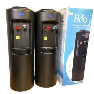 Two black Brio water dispensers with a product box beside them.
