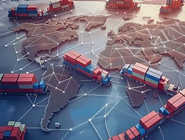 Cargo ships navigating global trade routes on a connected world map.