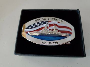Military style USCGC Sherman (WHEC-720) belt buckle  with flag for a 1-1/4 belt