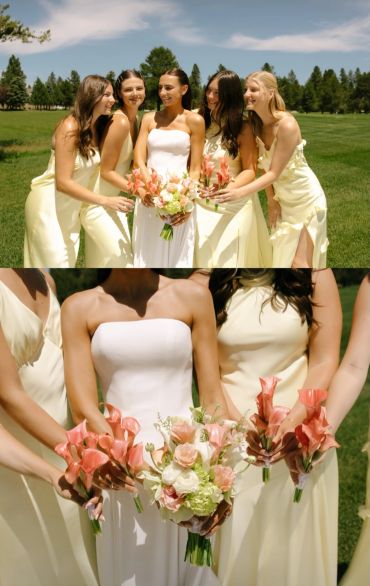 Bride with bridesmaids in yellow dresses holding bouquets outdoors.