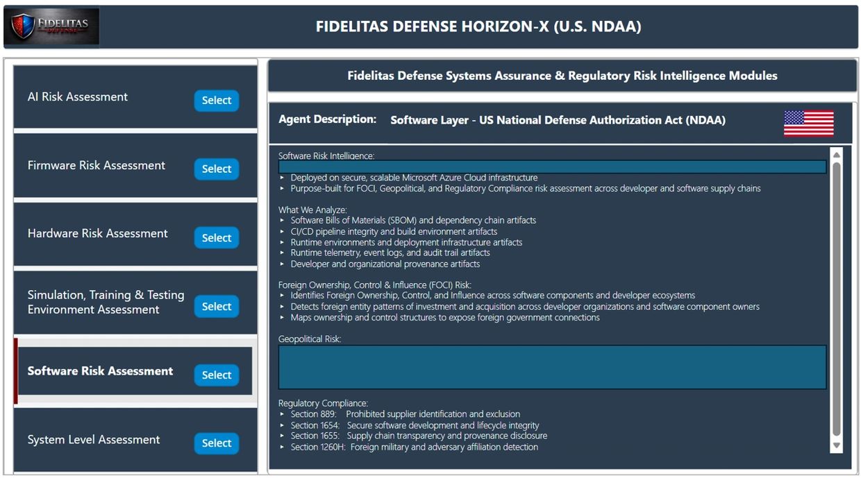 Dashboard showing Software Risk Assessment under U.S. NDAA compliance by Fidelitas Defense.