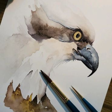 Watercolor painting of a bird of prey's head with brushes.
