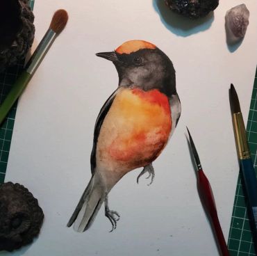A realistic watercolor painting of a colorful bird surrounded by paintbrushes and stones.