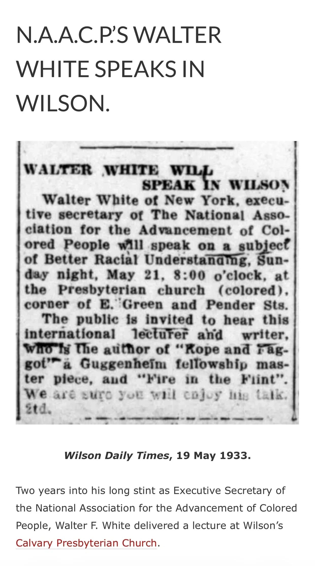 Walter White, NAACP executive secretary, spoke on racial understanding in Wilson, 1933.