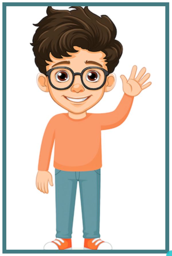 Cartoon boy with wavy brown hair, glasses, orange shirt, blue pants, & sneakers, smiling and waving.