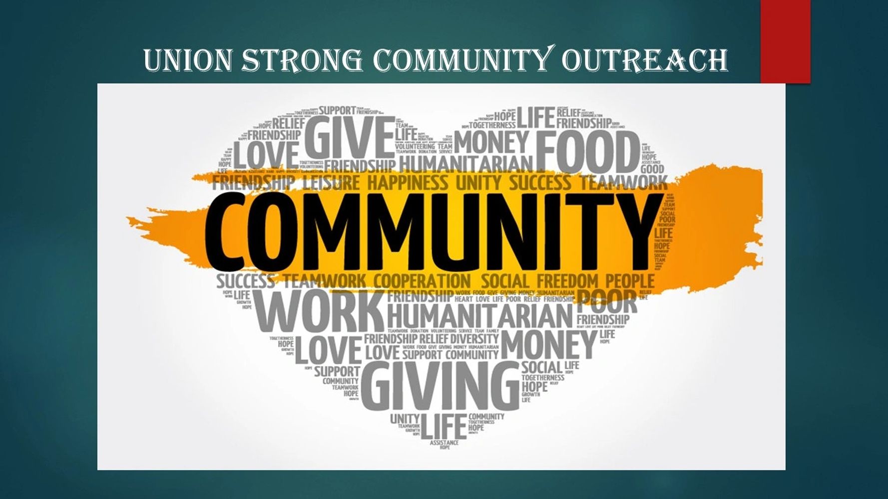 Word cloud heart highlighting community, giving, work, and humanitarian themes.