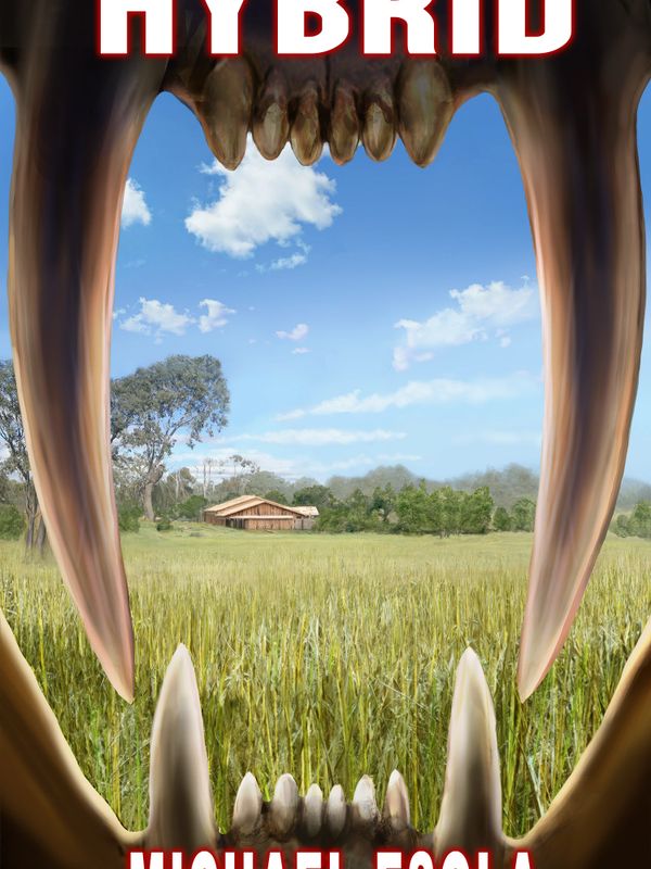 View through large animal jaws framing a rural field and barn under a blue sky.