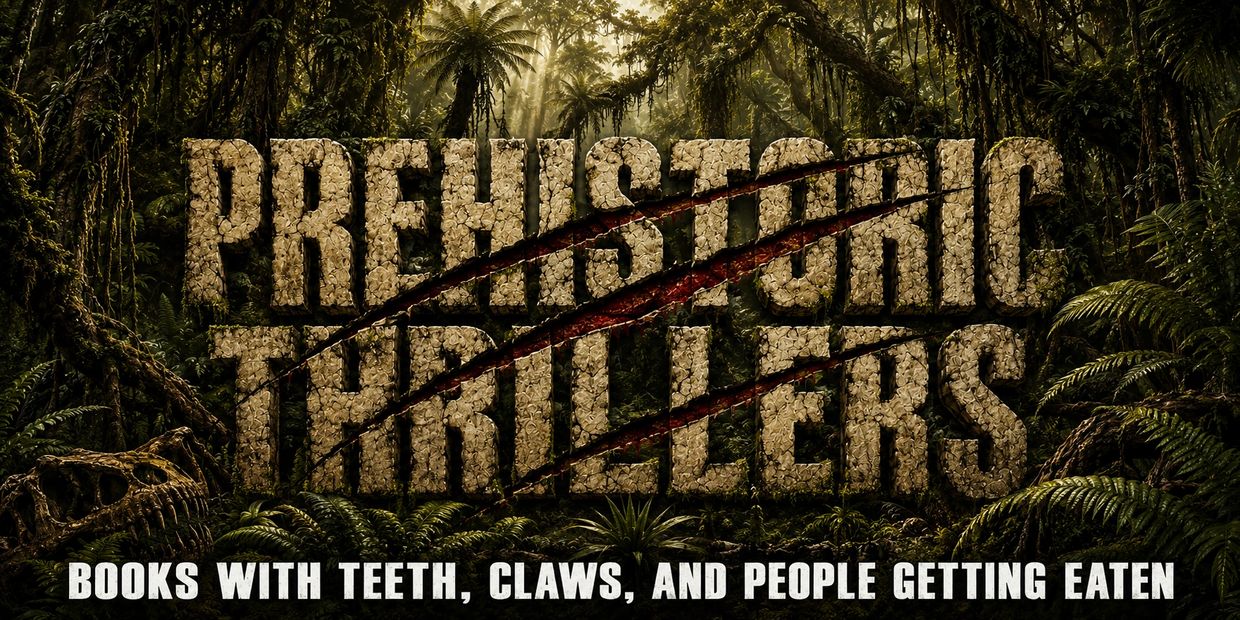 Stone-textured title 'Prehistoric Thrillers' with claw marks in a dense jungle.