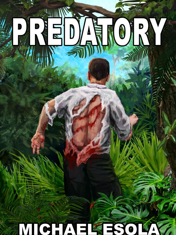 Man with torn, bloody shirt running through dense jungle foliage.
