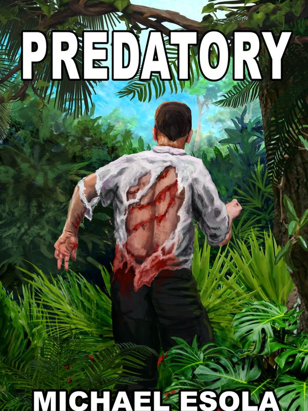 Man with torn, bloody shirt running through dense jungle foliage.