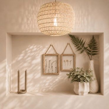 Minimalist shelf with botanical frames, plants, and soft lighting.