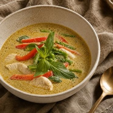 Bowl of Thai green curry with chicken and vegetables.