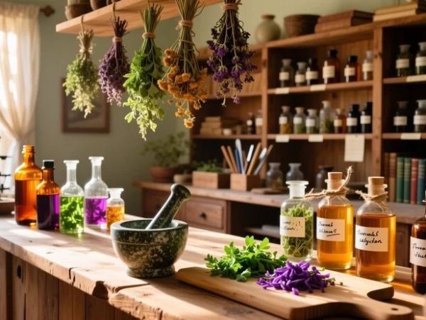 Alchemy lab with herbs and potions on wooden table.