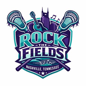 Logo for Rock the Fields event in Nashville with lacrosse sticks and guitar.