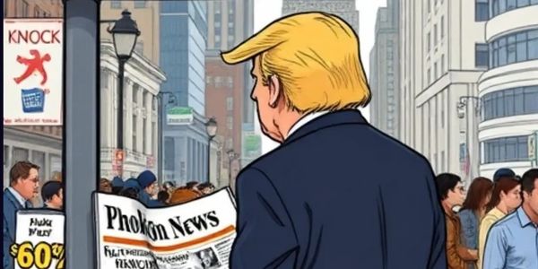 President Donald J. Trump is reading political parodies about himself in KnockOn.News at a newsstand.