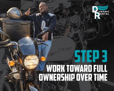 Man standing by motorcycle giving thumbs up, promoting ownership step.