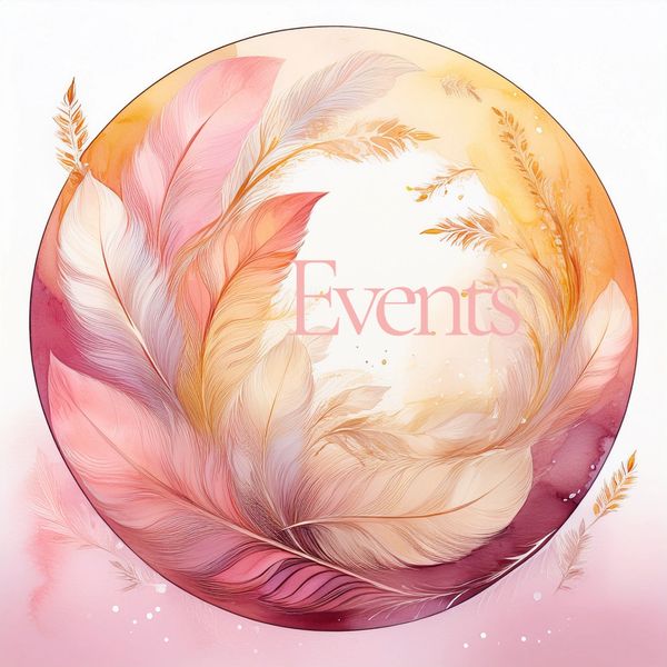 Elegant circular design with pastel feathers and the word 'Events' in the center.