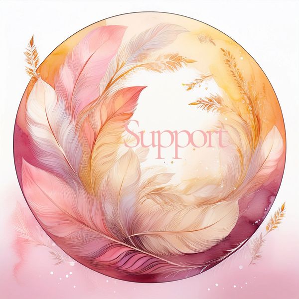 Soft, colorful feathers form a circular design around the word 'Support'.