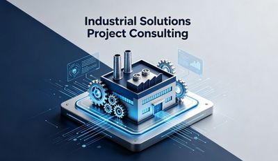3D factory model on a digital tablet representing industrial project consulting.