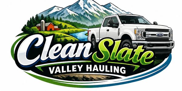 Logo featuring a white truck with mountains and farmland, text "Clean Slate Valley Hauling."