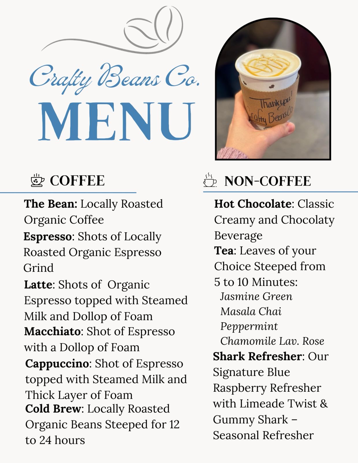 Crafty Beans Co. menu featuring organic coffee and non-coffee beverages.