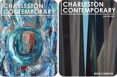 Two covers of Charleston Contemporary magazine featuring abstract art for Jan/Feb 2026.