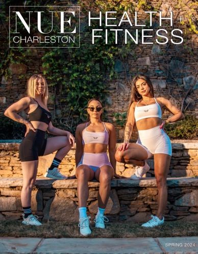 Three women in athletic wear posing outdoors for NUE Charleston Health + Fitness Spring 2024.