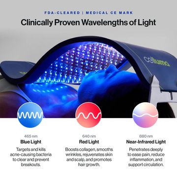LED light therapy device using blue, red, and near-infrared light for skin care and healing.