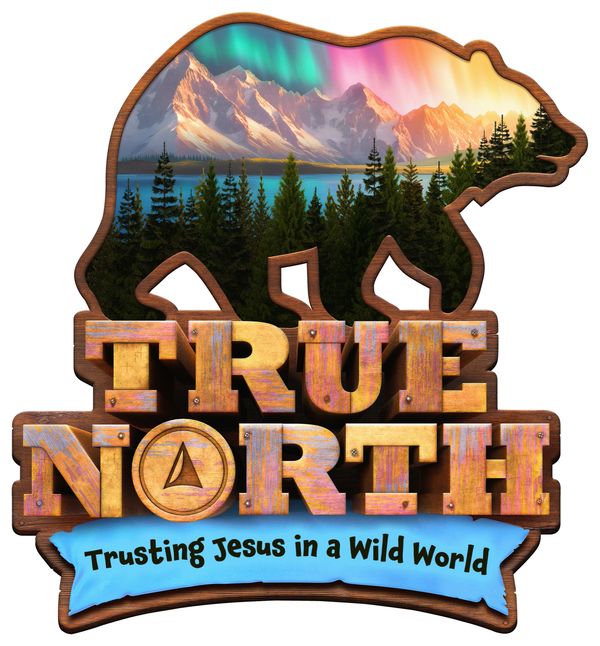 Bear-shaped logo with mountain and forest scene, text 'True North'.
