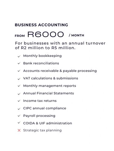 Business accounting services starting from R6000/month.