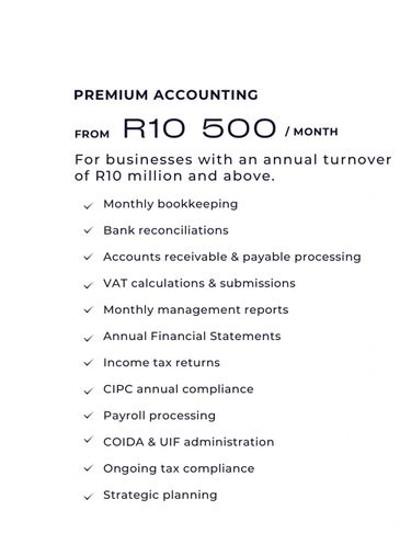 Premium accounting services starting at R10,500/month.