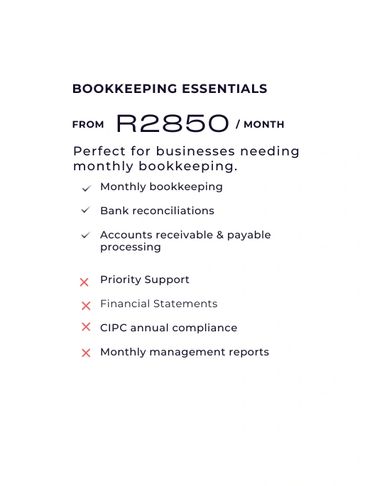 Bookkeeping essentials plan for R2850/month with basic bookkeeping services.