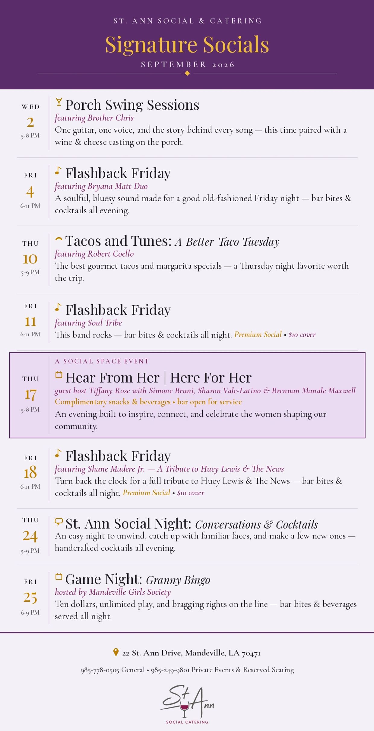 This month’s calendar for Signature Socials; a host of reoccurring events open to the public!