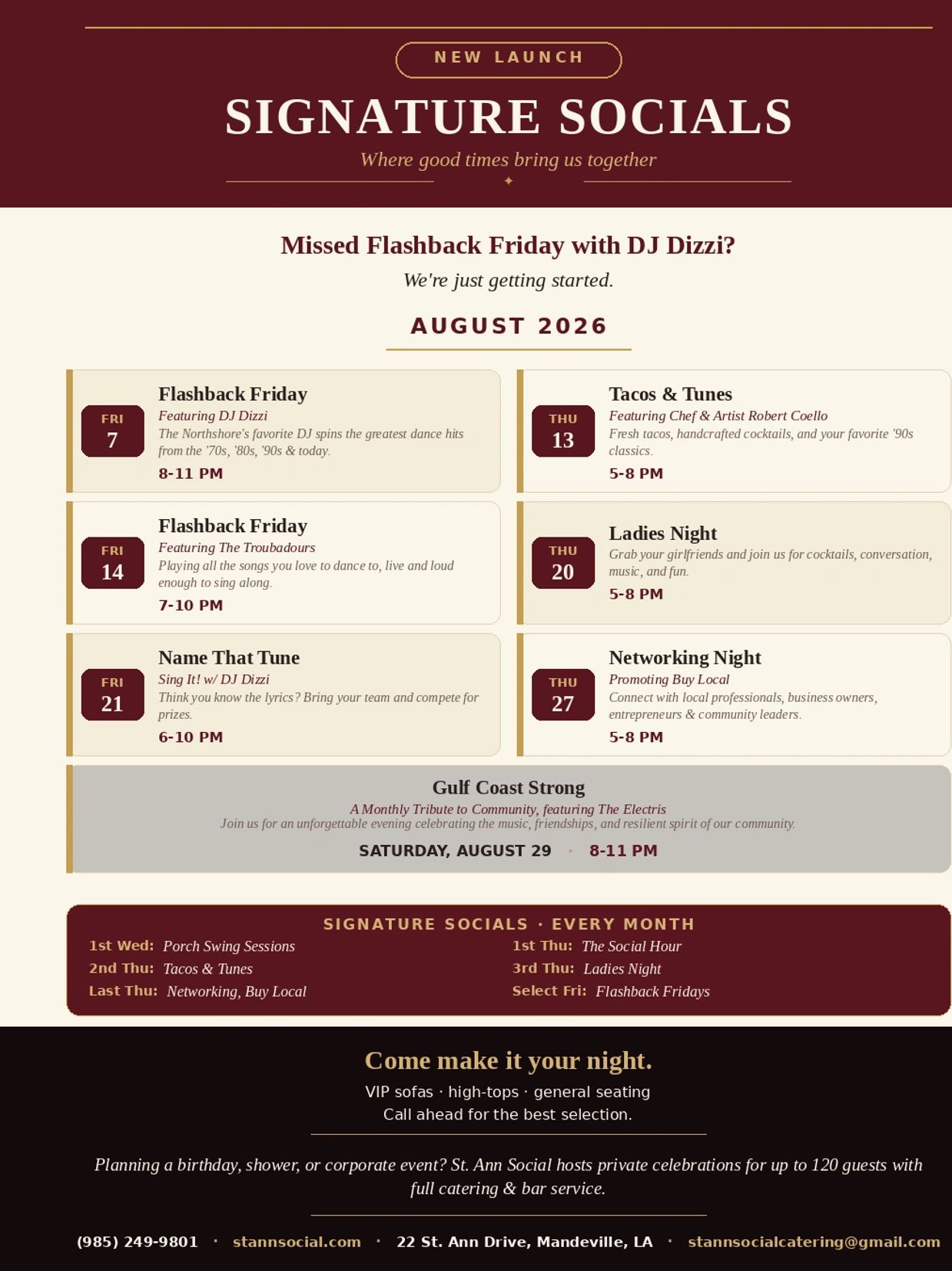 August 2026 event schedule at Signature Socials with music, tacos, and networking nights.