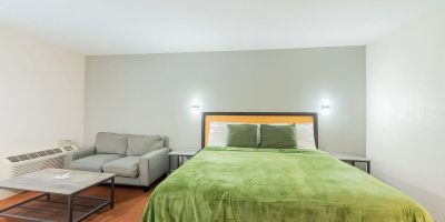 Simple bedroom with green bedspread and gray couch.