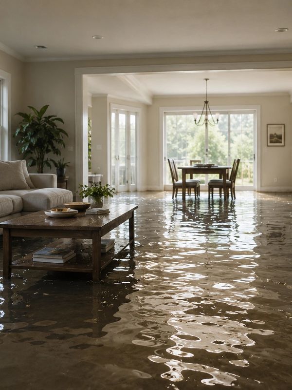 Living room and dining area flooded with water, reflecting light.