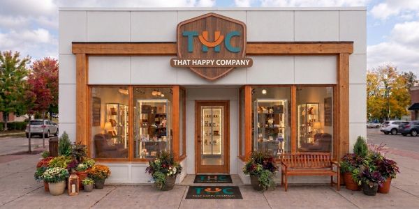 Exterior view of a quaint shop named THAT HAPPY COMPANY.