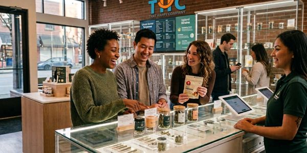Three customers and a cashier smiling at a cannabis dispensary.