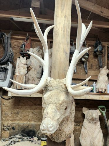 Elk carving, carver Chris Gagnon 
