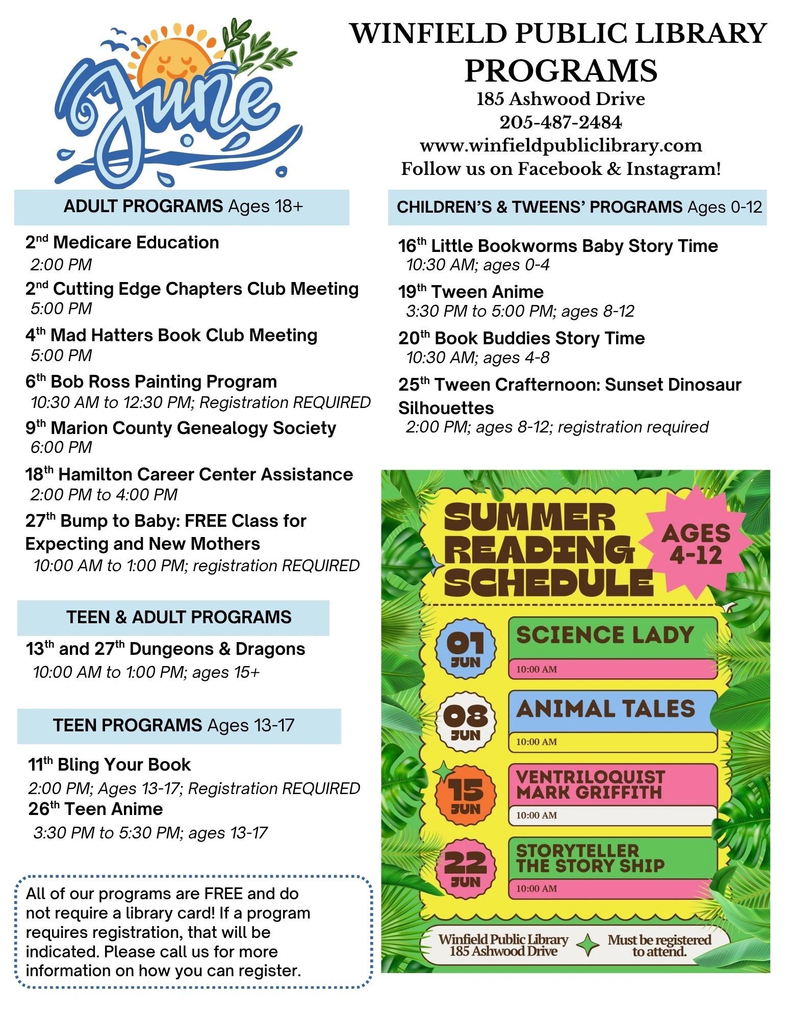 Winfield Public Library June programs for all ages, including story times, book clubs, and summer reading events.