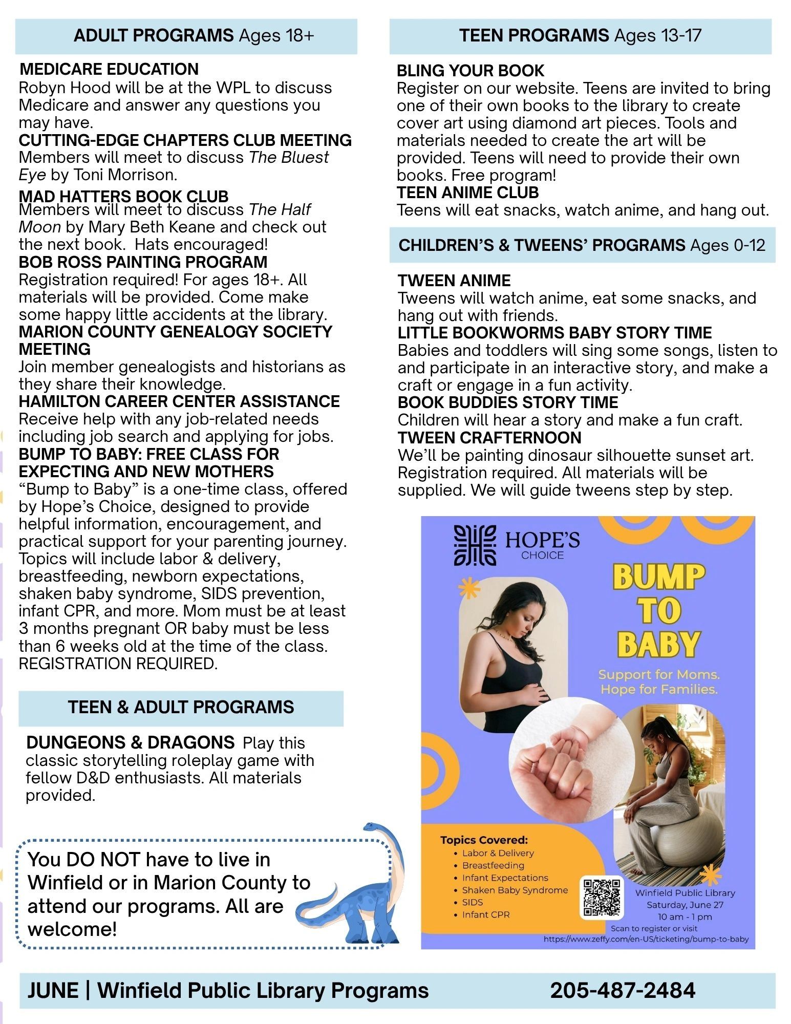 Winfield Public Library offers programs for adults, teens, children, and new mothers, including book clubs, anime, genealogy, and parenting classes.